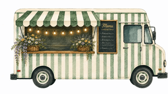 Charming watercolor food truck with green and cream stripes, flowers, and string lights
